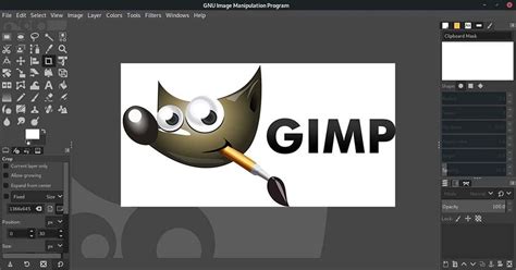 Illustration du logo GIMP avec des icônes représentant des outils de retouche photo et des éléments graphiques web.