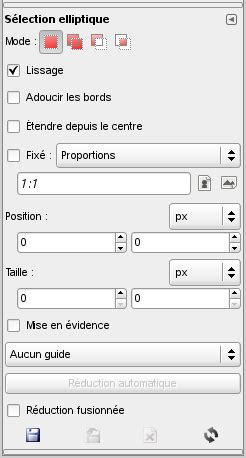 Schéma de l'outil de sélection elliptique dans GIMP avec les options de proportionnalité mises en évidence.