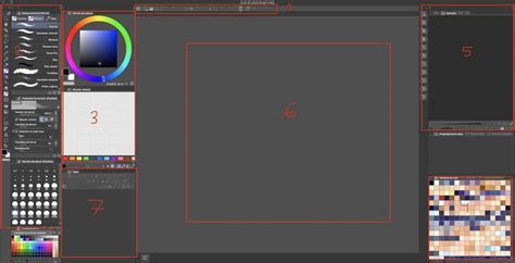 Interface de Clip Studio Paint montrant les différentes palettes de couleurs et options d'organisation des calques.