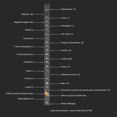 Aperçu du panneau Outils de Photoshop avec différents outils de sélection et de retouche