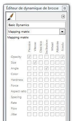 Vue détaillée des curseurs de paramètres d'une brosse GIMP, montrant Opacité, Taille, Ratio d'aspect, Angle, Espacement, Dureté et Force.