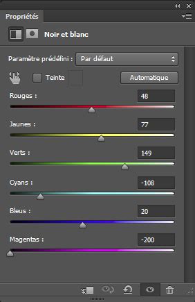 Interface du calque de réglage Noir et Blanc dans Photoshop avec ses curseurs de couleur.