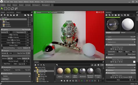 Interface de Marmoset Toolbag avec un modèle 3D chargé et des panneaux d'outils visibles.