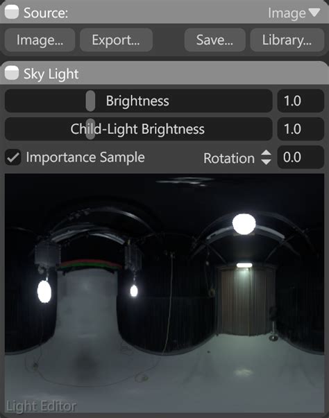 Exemple de configuration de lumière céleste (Sky Light) dans Marmoset Toolbag, incluant les paramètres des lumières enfants.