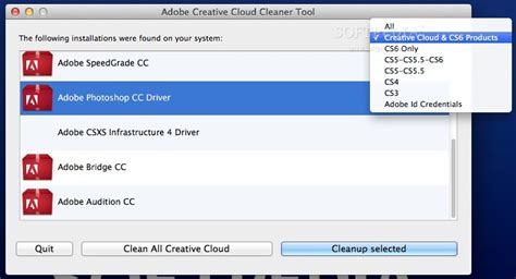 Capture d'écran de l'outil Adobe Creative Cloud Cleaner Tool en cours d'exécution, montrant la sélection des applications à nettoyer