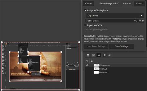 Capture d'écran montrant le menu d'exportation de GIMP avec le format PNG sélectionné