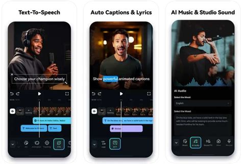 Interface de l'application mobile Filmora montrant le bouton d'enregistrement et les options audio