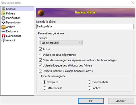 Interface du logiciel FreeFileSync, montrant la configuration d'une tâche de sauvegarde.