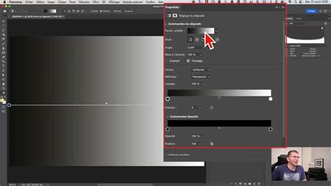 Illustration des réglages d'opacité et de couleur dans la fenêtre Propriétés de l'outil Dégradé de Photoshop