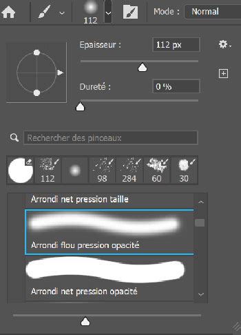 Capture d'écran de la barre d'options de l'outil Pinceau dans Photoshop, mettant en évidence la taille, la dureté, le flux et l'opacité
