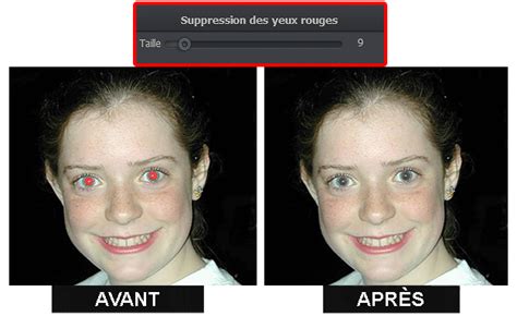 Exemple avant/après de la correction des yeux rouges dans PhotoFiltre, montrant la réduction de la rougeur et le retour à une couleur naturelle.