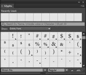 Panneau Glyphes dans InDesign, montrant diverses options de polices et de caractères