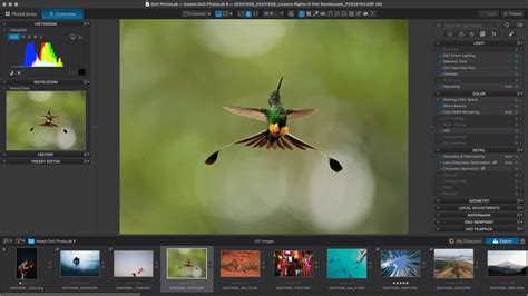 Interface principale de DxO PhotoLab avec une photo en cours de traitement.