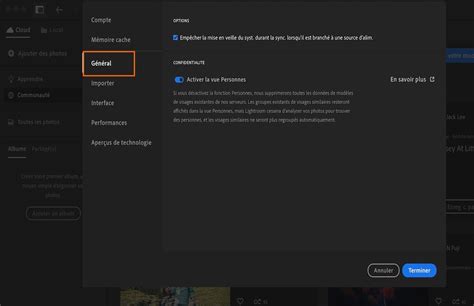 Interface de sélection de langue dans les préférences de Lightroom