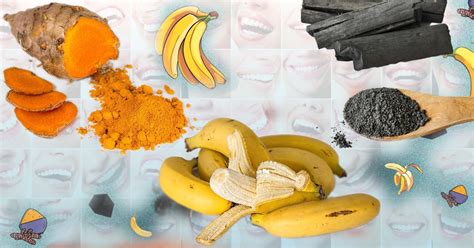 Illustration des ingrédients naturels utilisés pour le blanchiment des dents (citron, bicarbonate, curcuma, charbon)