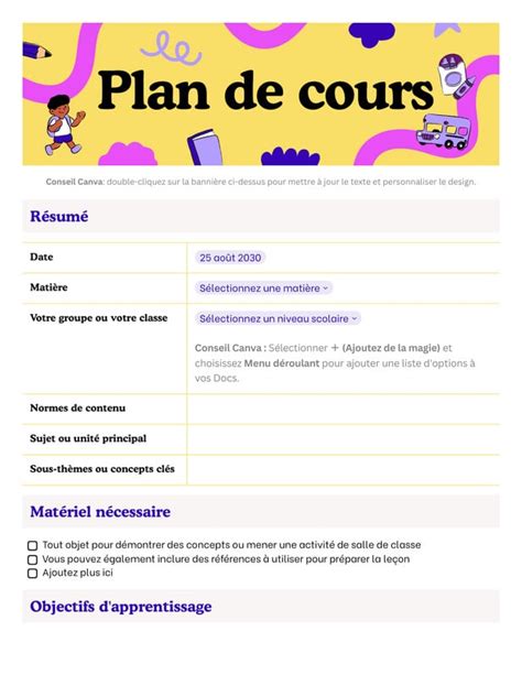 Plan de cours hebdomadaire clair et organisé sur Canva