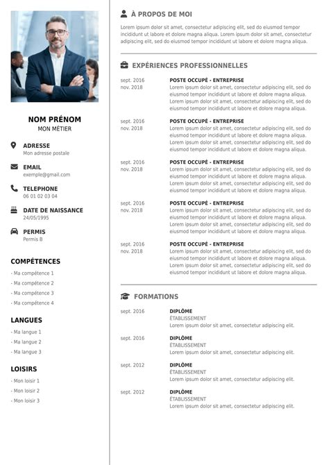 Exemple de CV organisé en blocs et en colonnes.