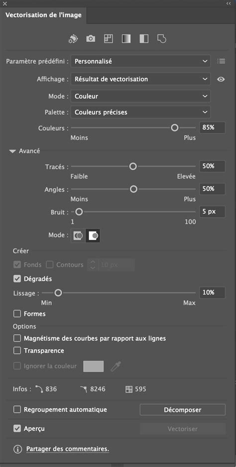 Capture d'écran du panneau de vectorisation d'Inkscape montrant les options de niveaux de luminosité et de passes.