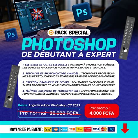 Infographie comparant les fonctionnalités de base et avancées d'Adobe Photoshop CC.