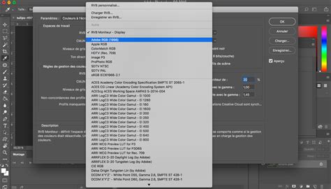 Interface de conversion de profil colorimétrique dans Photoshop
