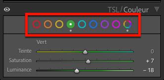 Capture d'écran du panneau TSL dans Lightroom, mettant en évidence les curseurs pour la teinte, la saturation et la luminosité des rouges