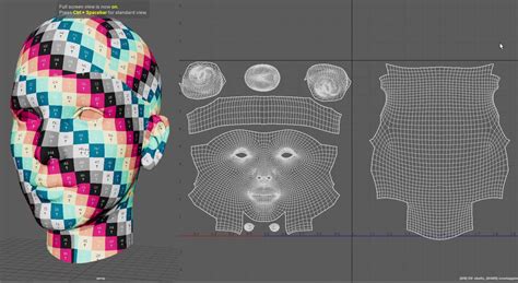Visualisation d'un dépliage UV d'un modèle 3D avec ses îlots et coutures