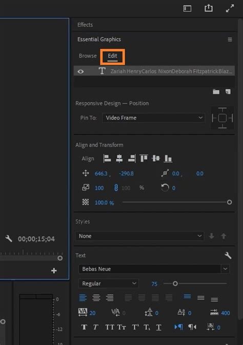 Panneau Graphiques Essentiels montrant les options de personnalisation du texte : taille, couleur, police