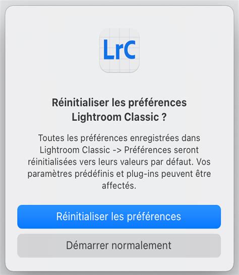 Emplacement des préférences de Lightroom Classic