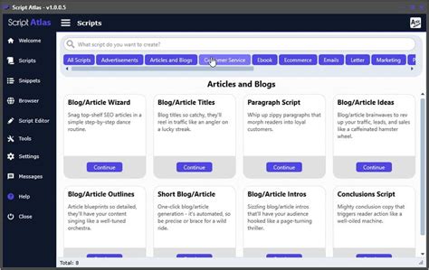 Interface de Script Collector montrant l'organisation des scripts par catégories