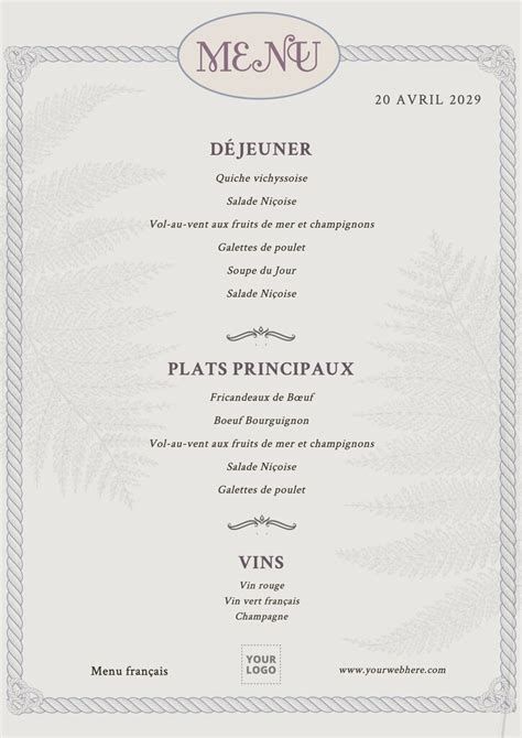 Exemple de personnalisation d'un modèle de menu français avec ajout de typographie et ajustement des couleurs.