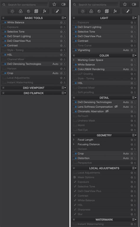 Capture d'écran montrant l'interface de DxO PhotoLab avec les palettes DxO FilmPack et DxO ViewPoint