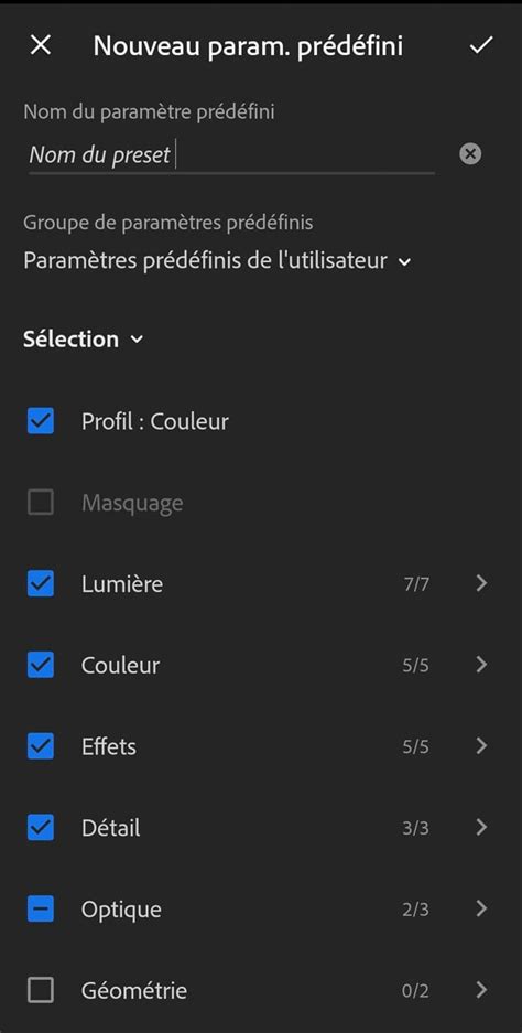 Fenêtre d'ajout d'un nouveau paramètre prédéfini dans Lightroom.