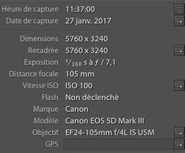 Exemple de données EXIF affichées dans Photoshop