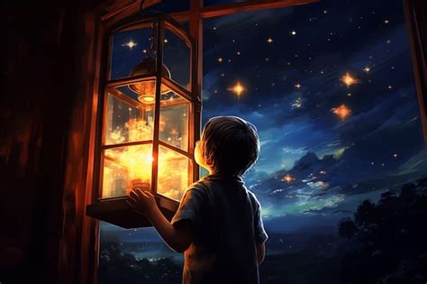 Photo de nuit d'un enfant avec une lanterne et un chien, sous un ciel partiellement nuageux.