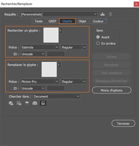 Capture d'écran du panneau Glyphes dans InDesign