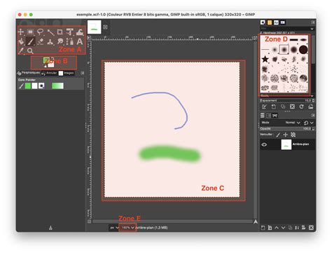 Illustration de l'interface utilisateur de GIMP avec la boîte à outils et les panneaux des calques