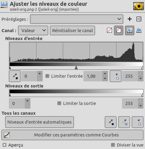 Interface de l'outil Niveaux dans GIMP montrant l'histogramme et les curseurs