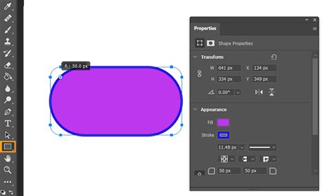Schéma montrant la sélection de l'outil Rectangle arrondi et la définition du rayon dans la barre d'options de Photoshop