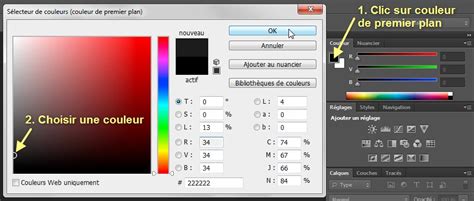 Schéma du panneau Couleur dans Photoshop CS5 avec identification des éléments : couleur de premier plan, couleur d'arrière-plan, curseurs et option protéger la gamme web.