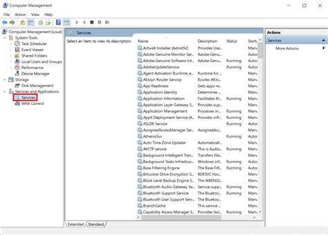 Interface de gestion des services Windows