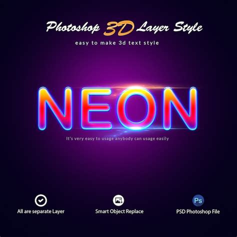 infographie présentant les tendances des effets de texte Photoshop : néon, 3D réaliste, minimaliste avec ombres longues