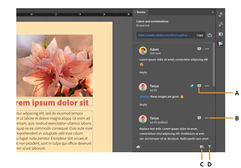 Capture d'écran du panneau Révision dans InDesign avec les options de commentaire