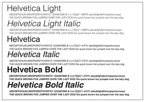 Illustration de la famille de polices Helvetica avec différentes graisses (light, regular, bold, black)