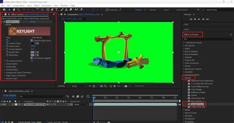 Capture d'écran montrant l'interface de l'effet Keylight dans After Effects avec les paramètres de sélection de couleur et de Screen Matte.