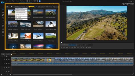 Interface de la bibliothèque média de PowerDirector avec des clips vidéo importés