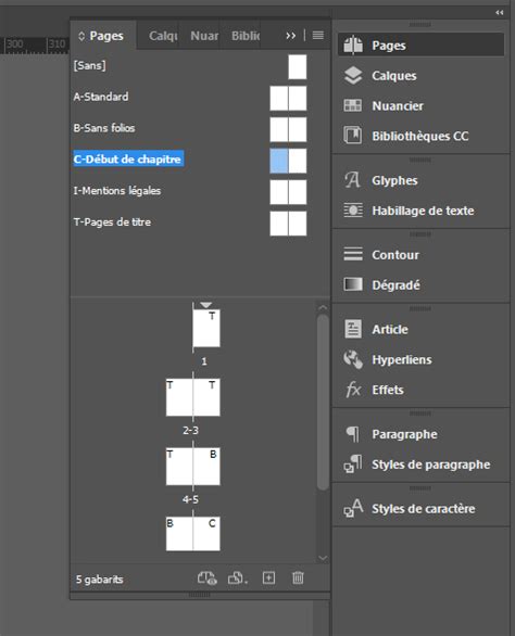 Capture d'écran du panneau Pages d'InDesign montrant les gabarits