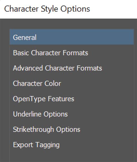 Capture d'écran des options de style de caractère dans InDesign montrant la gestion des majuscules et des accentuations