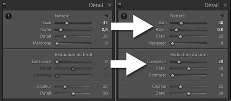 Panneau Détail de Lightroom montrant les réglages de réduction de bruit et de netteté
