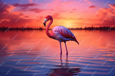 Illustration d'un flamant rose se découpant sur le fond d'un lac au coucher du soleil