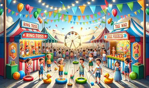 Illustration de tickets de kermesse colorés avec différents jeux et stands représentés